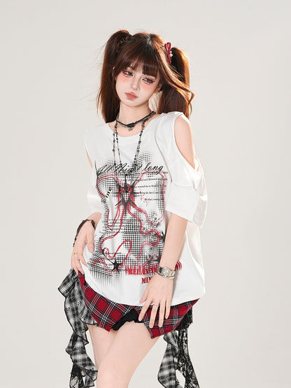 Plaid Hem Cutout Shoulder Black/White Graphic T-shirt