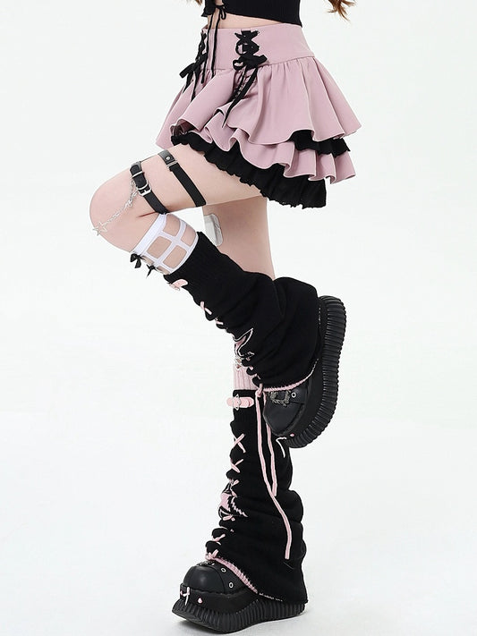 Lace-up Details at Waist Y2K Pink Tiered Skirt