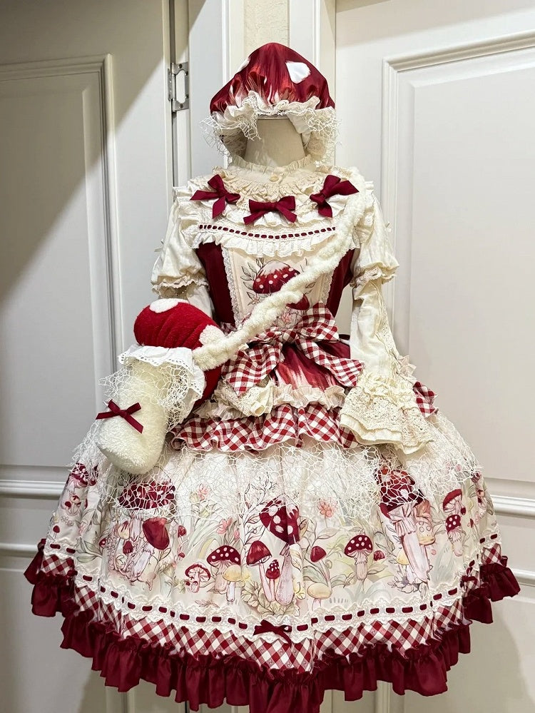Plush Red & Beige Mushroom-Shaped Lolita Bag with Bow Accents