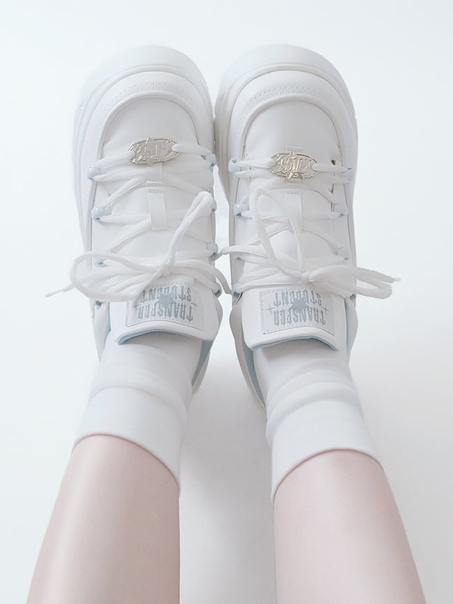 PU Leather with Classic Lacing System Matte White Platform Sneakers in Jirai Kei