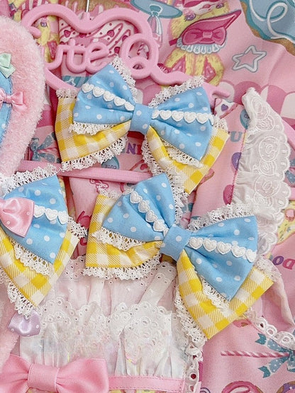 5 Color Options Lace Trim Plaid And Polka-dot Pattern Bowknot Hairclip