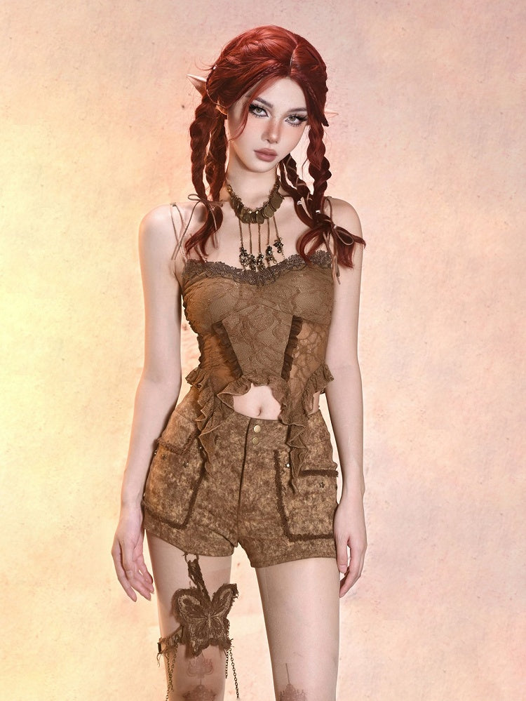 Sand Brown Wasteland Punk Denim Hot Shorts with Butterfly Garter and Tassel Belt