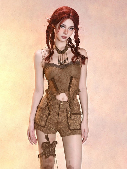 Sand Brown Wasteland Punk Denim Hot Shorts with Butterfly Garter and Tassel Belt