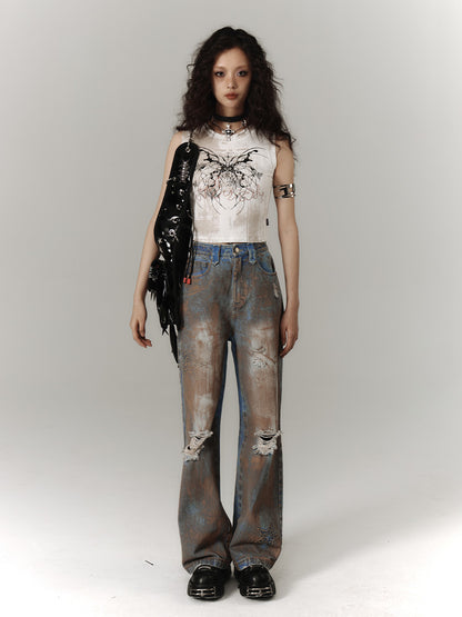 Wasteland Punk Blue Tie Dye Straight Leg Jeans Distressed Holes