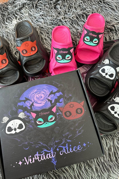 Black Cat Rose Pink Gothic Summer Slippers