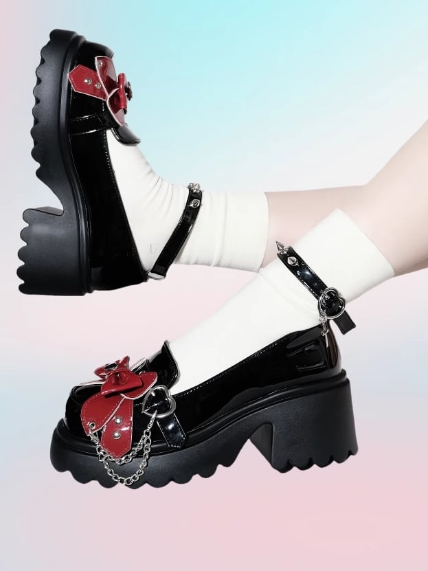 Black&Red Punk Bowknot Decorated Butterfly Heart Buckles Studs Details Platforms