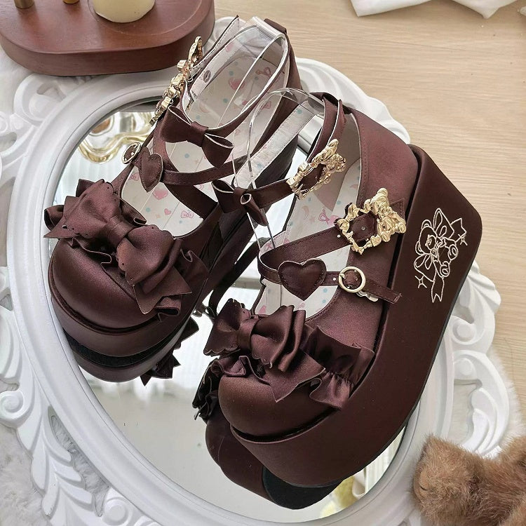 Brown Bear Buckle Straps Bowknot Platform Shoes with Bear Embroidery