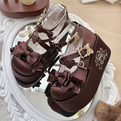 Brown Bear Buckle Straps Bowknot Platform Shoes with Bear Embroidery