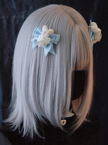 Handmade Plush Bunnies White and Blue Bowknot Hairclips