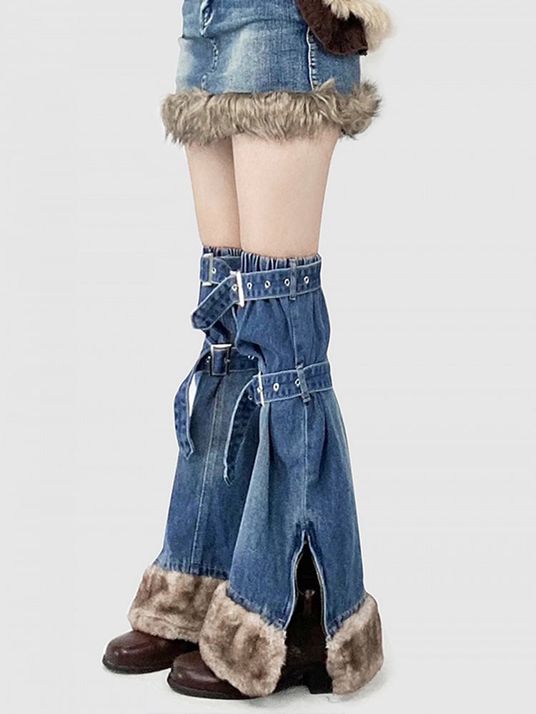 Gyaru Fashion Plush Hem Blue Denim Skirt + Buckle Straps Side Slit Leg Warmers