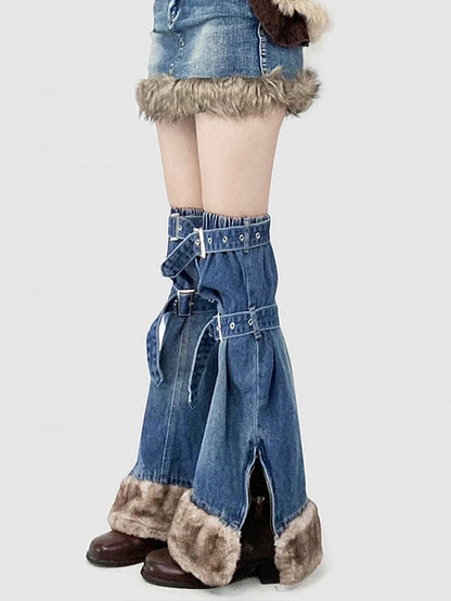 Gyaru Fashion Plush Hem Blue Denim Skirt + Buckle Straps Side Slit Leg Warmers