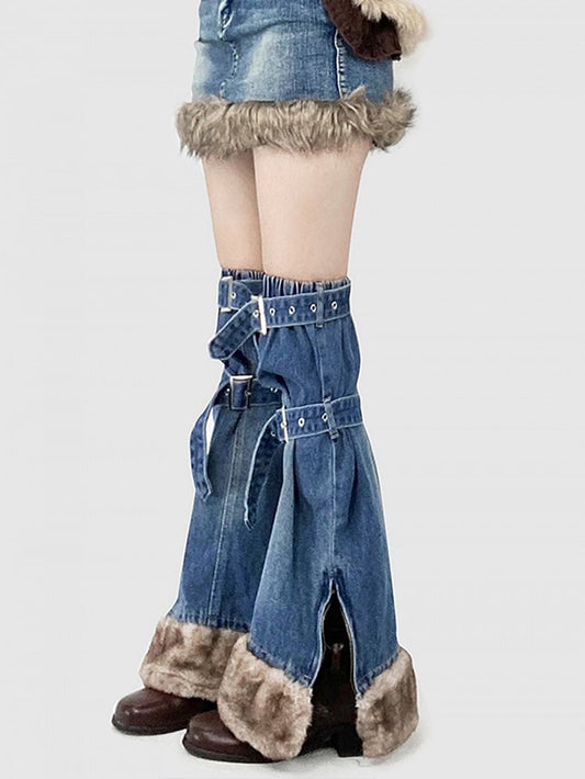 Gyaru Fashion Plush Hem Blue Denim Skirt + Buckle Straps Side Slit Leg Warmers