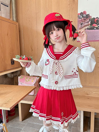 Ruffled Sailor Collar Bunny Ears Design Back Light Pink/Wine Red JK Uniform Top