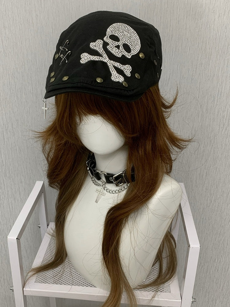 Black Punk Studs And Pin Details Rhinestone Skeleton Decorated Beret Hat