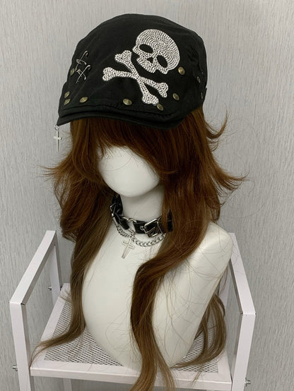 Black Punk Studs And Pin Details Rhinestone Skeleton Decorated Beret Hat