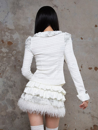 White Punk Textured Blouse with Ruffled Puff Collar & Front Side Zippers