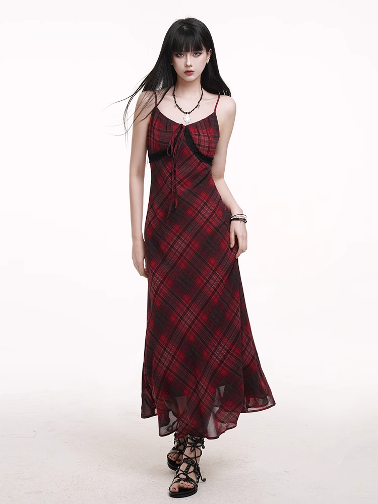 Red & Black Plaid V-neck Self-tie Strap Neckline Cami Dress