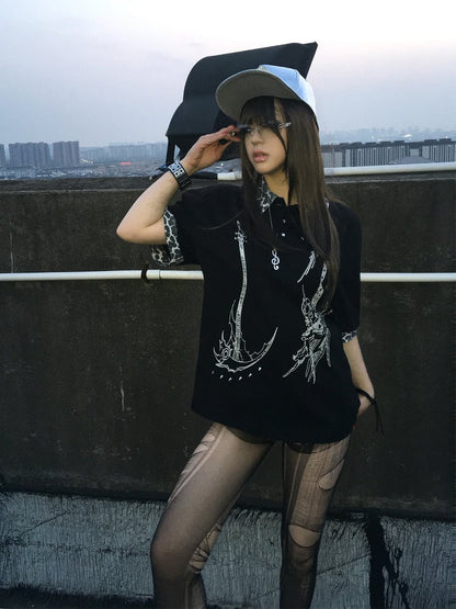 Black Y2K Punk T-Shirt with Subcultural Print & Leopard Collar
