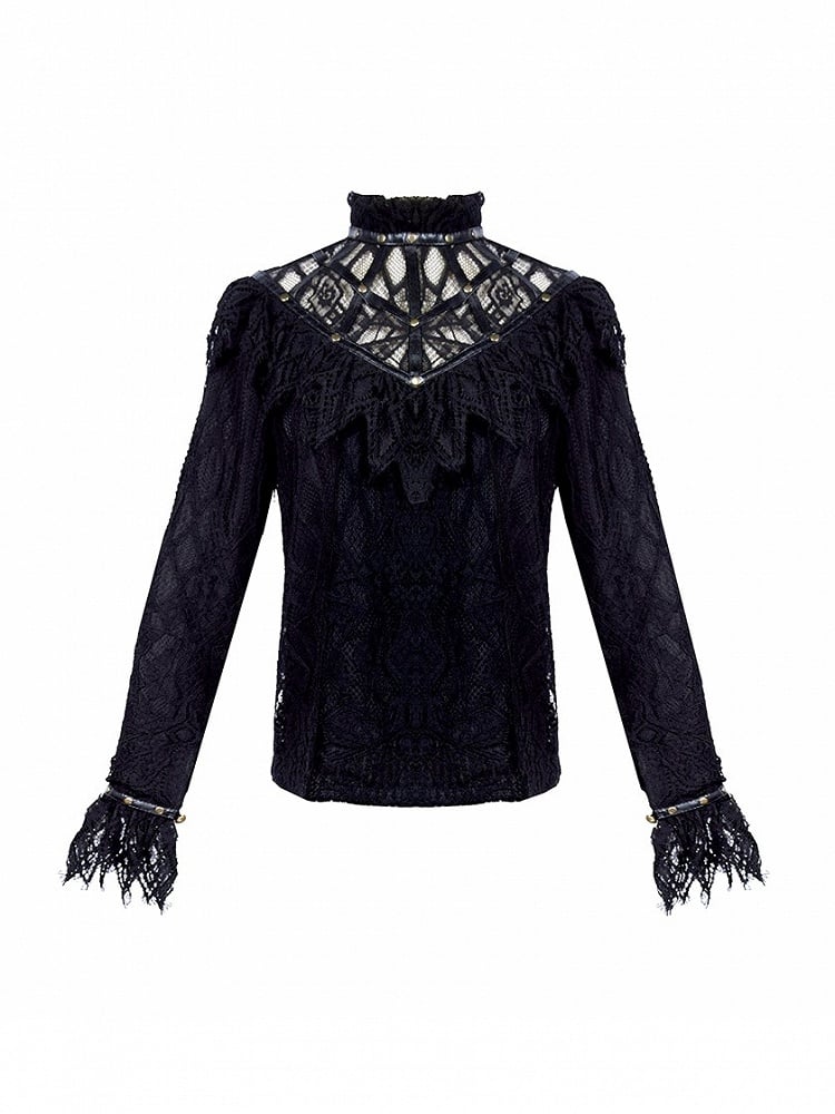 Black Gothic Banded Collar Lace Shirt