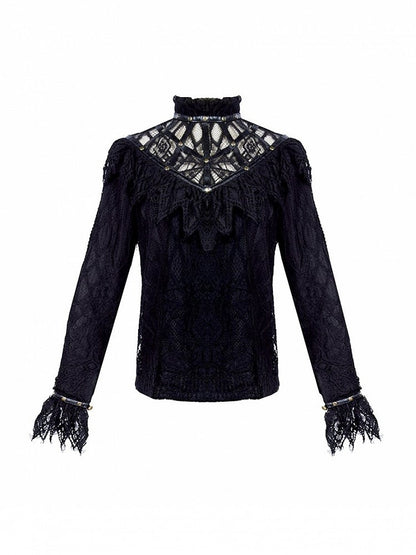 Black Gothic Banded Collar Lace Shirt