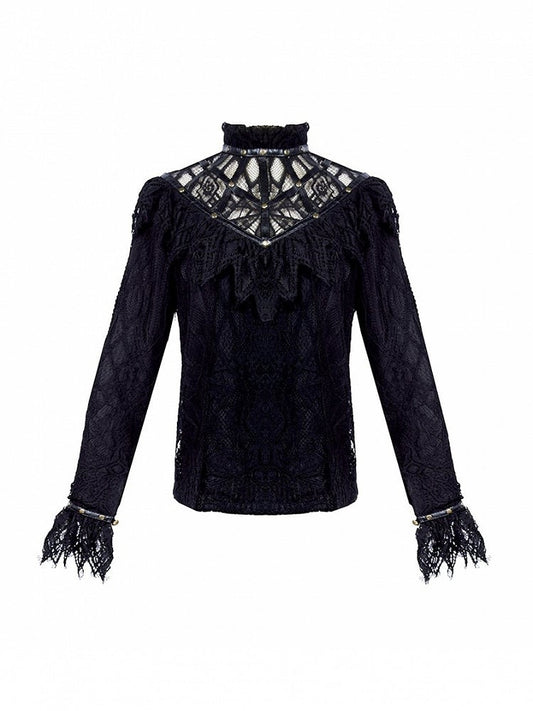 Black Gothic Banded Collar Lace Shirt