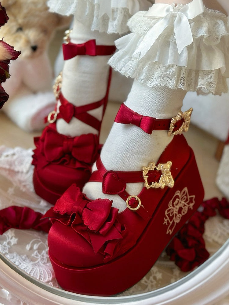 Wine Red Bear Buckle Straps Bowknot Platform Shoes with Bear Embroidery