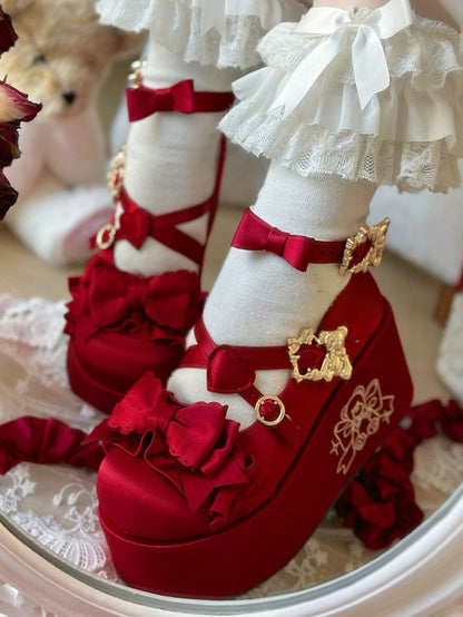 Wine Red Bear Buckle Straps Bowknot Platform Shoes with Bear Embroidery