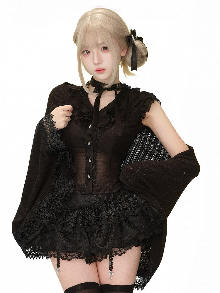 Black Knit Shawl with Lace Trim and Safety Pin Closure