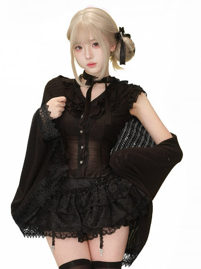 Black Knit Shawl with Lace Trim and Safety Pin Closure