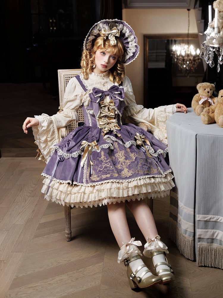 Bows Decoration Candle Embroidery Purple Velvet Dress Lolita JSK / Set