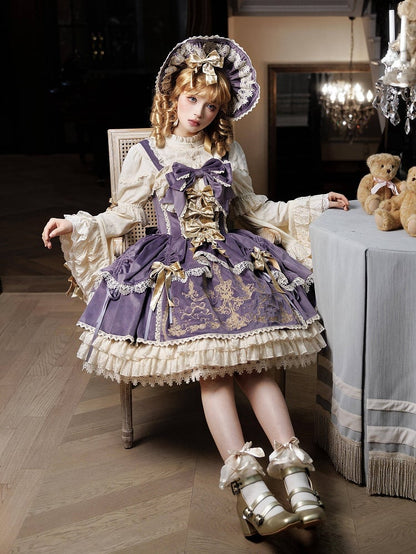 Bows Decoration Candle Embroidery Purple Velvet Dress Lolita JSK / Set