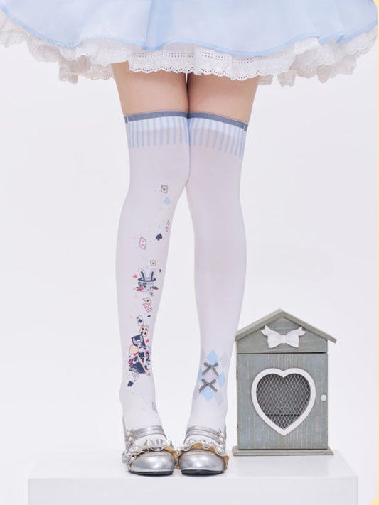 Alice in Wonderland Vibes Poker Print White Over Knee Stockings