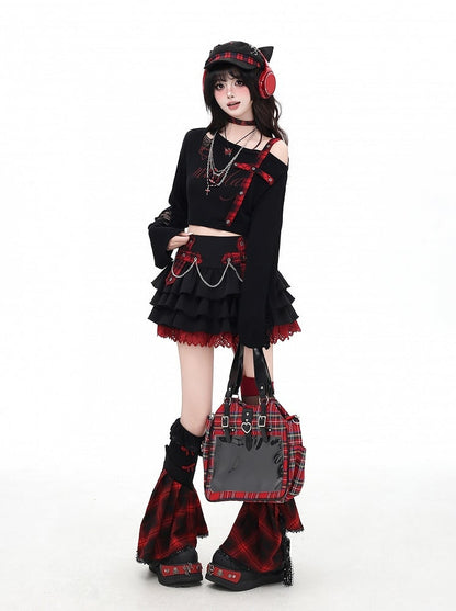 Asymmetrical Neckline Criss-cross Gray/Red Plaid Shoulder Strap Distressed Holes Coverup