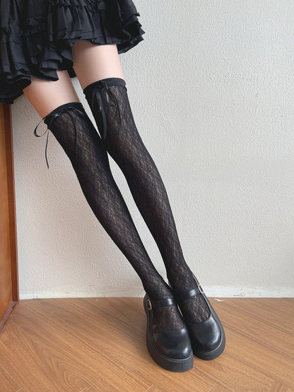 Milk White/Black Floral Pattern Bowknot Details Overknee Stockings