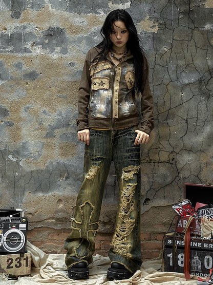 Sweetheart Applique Brown Gothic Punk Distressed Zip Hoodie with Studs