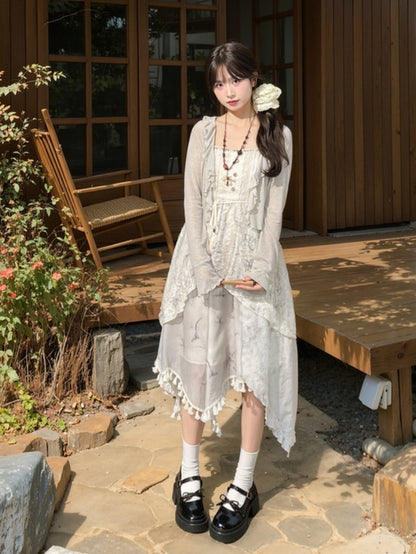 Cheongsam Style Gray Jacquard Asymmetrical Tassel Hem Mori Kei Slip Dress