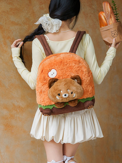 Brown&Orange Apple Design Cute Plush Hamburger Red Panda Backpack Middle/Large Size