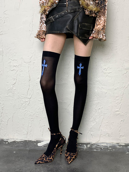 Black/White Y2K Cross Print Overknee Stockings