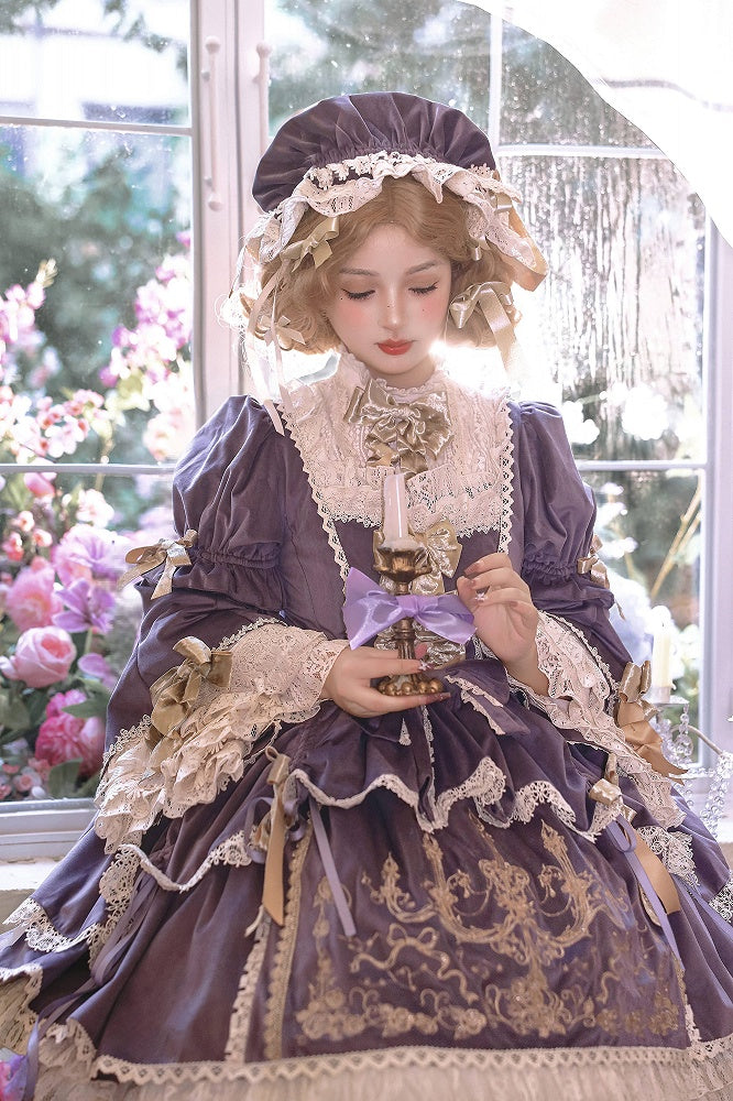 Candle and Candlestick Embroidery Purple Bell Sleeves Velvet Dress Lolita OP / Set