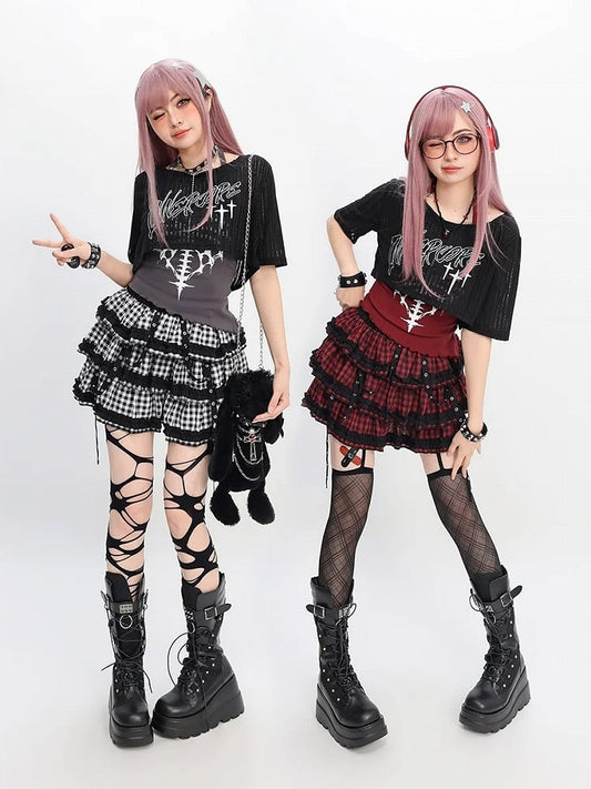 Y2K Red/Gray Halter Neck Graphic Tank Top with Black Cropped Coverup Set