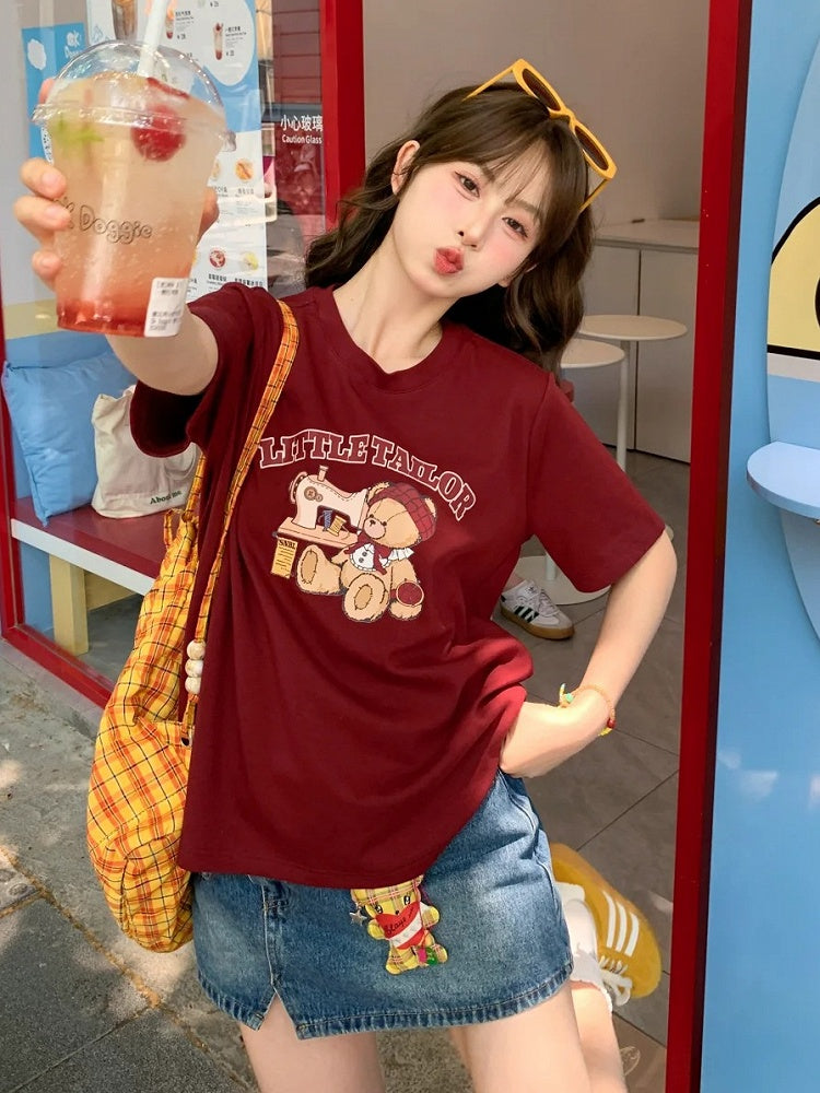 Cartoon Bear Print Wine Red Round Neck Loose T-shirt