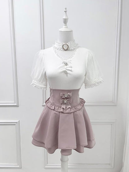 Dusty Pink Jirai Kei Corset Waist Double-Layered Skirt with Detachable Bowknots