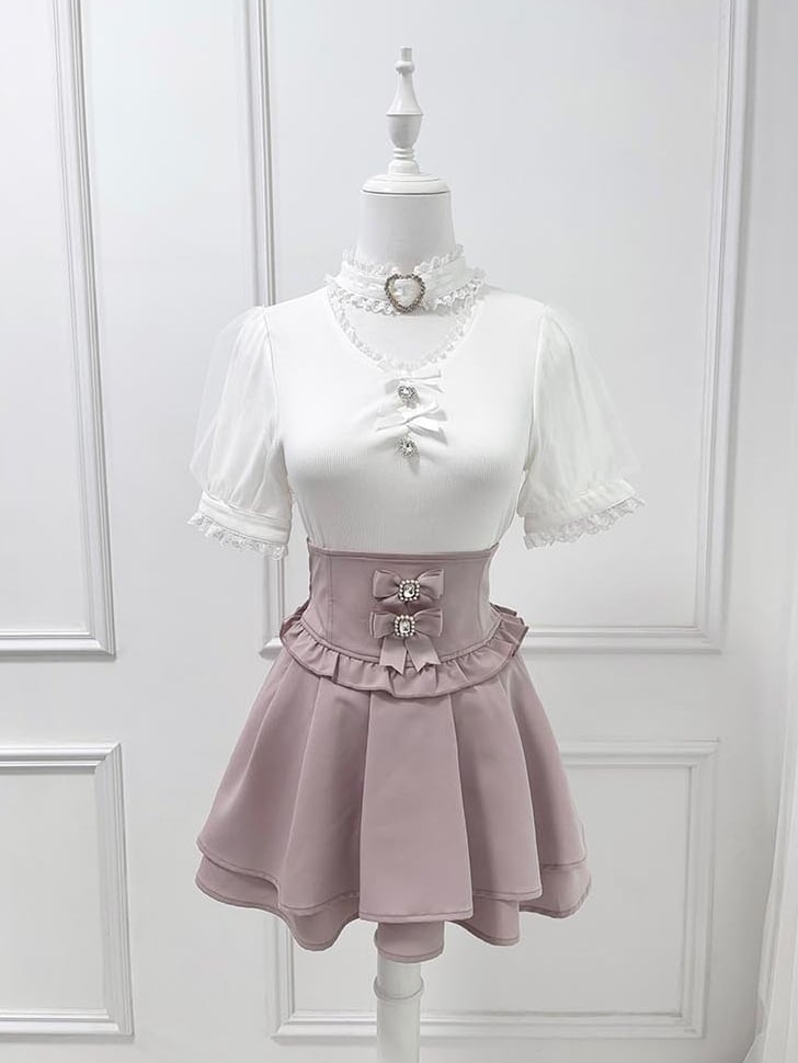 Bowknot and Rhinestone Decoration Choker Design White Jirai Kei Blouse