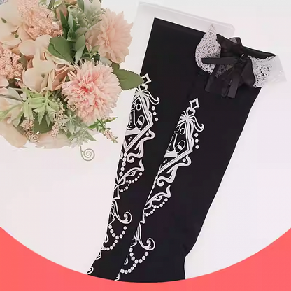 Black Ruffled Lace Cuff Printed Lolita Under Knee Stockings
