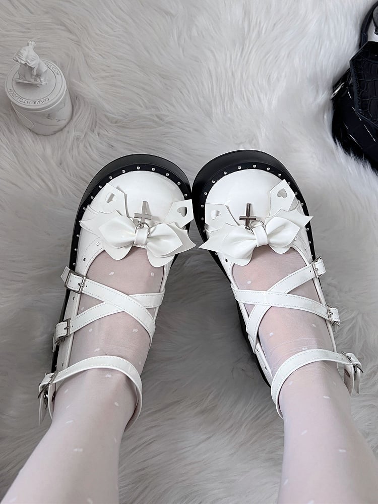 Demon Wings Punk White Platforms Cross Details