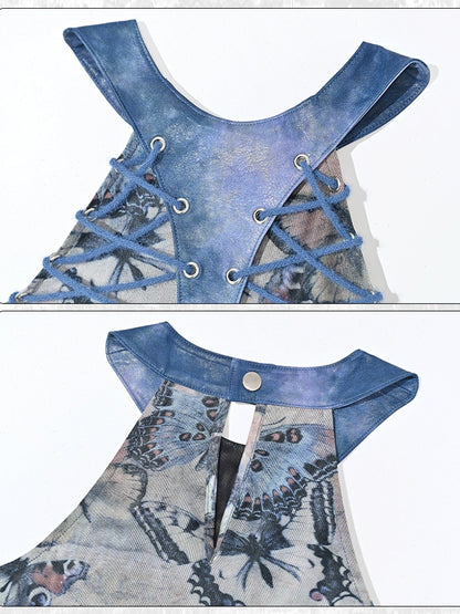Grunge Punk Rock Fairycore Blue Butterflies Print Mesh Patchwork Halter Neck Top Lace-up Detail