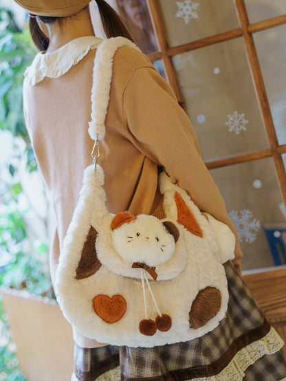 White Cute Kitty Plush Shoulder Bag With Pompons