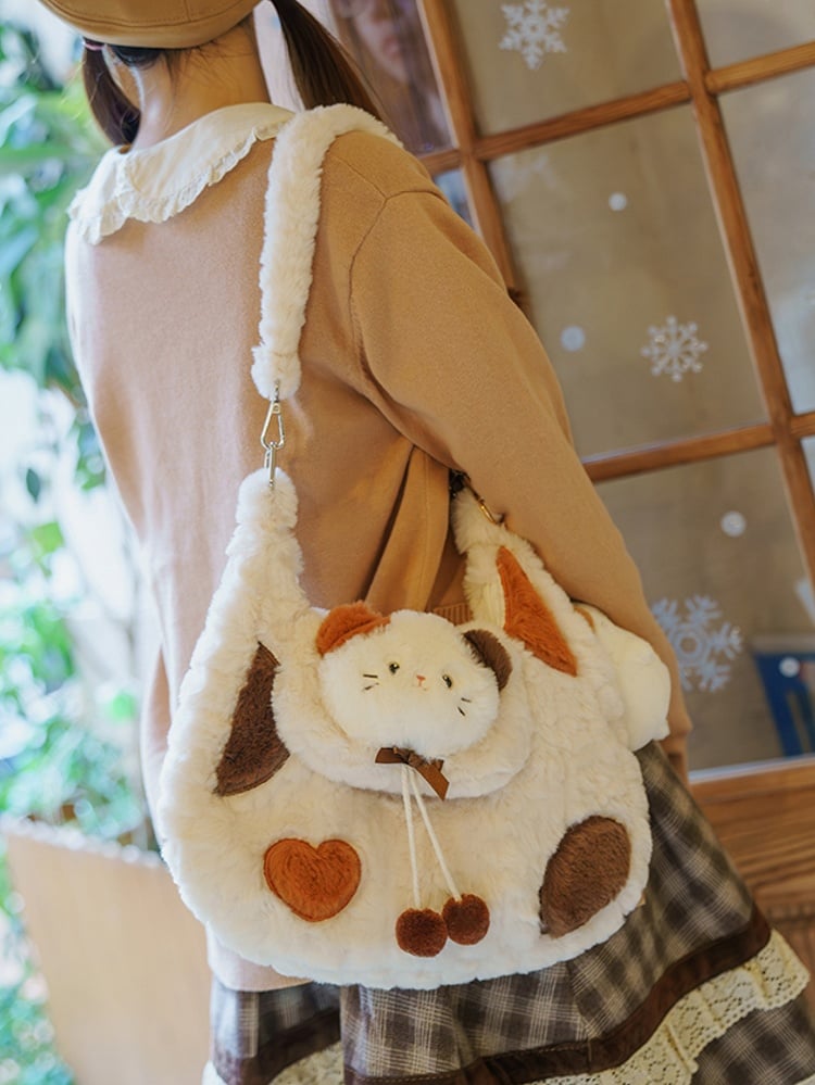 White Cute Kitty Plush Shoulder Bag With Pompons