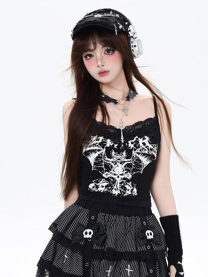 Gothic Black V-neck Bat Print Glamorous Cami Top