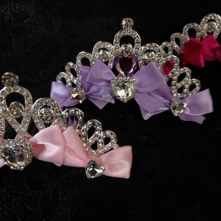 Pink/Purple/Rose Pink Heart Decorated Bowknot Details Rhinestone Crown